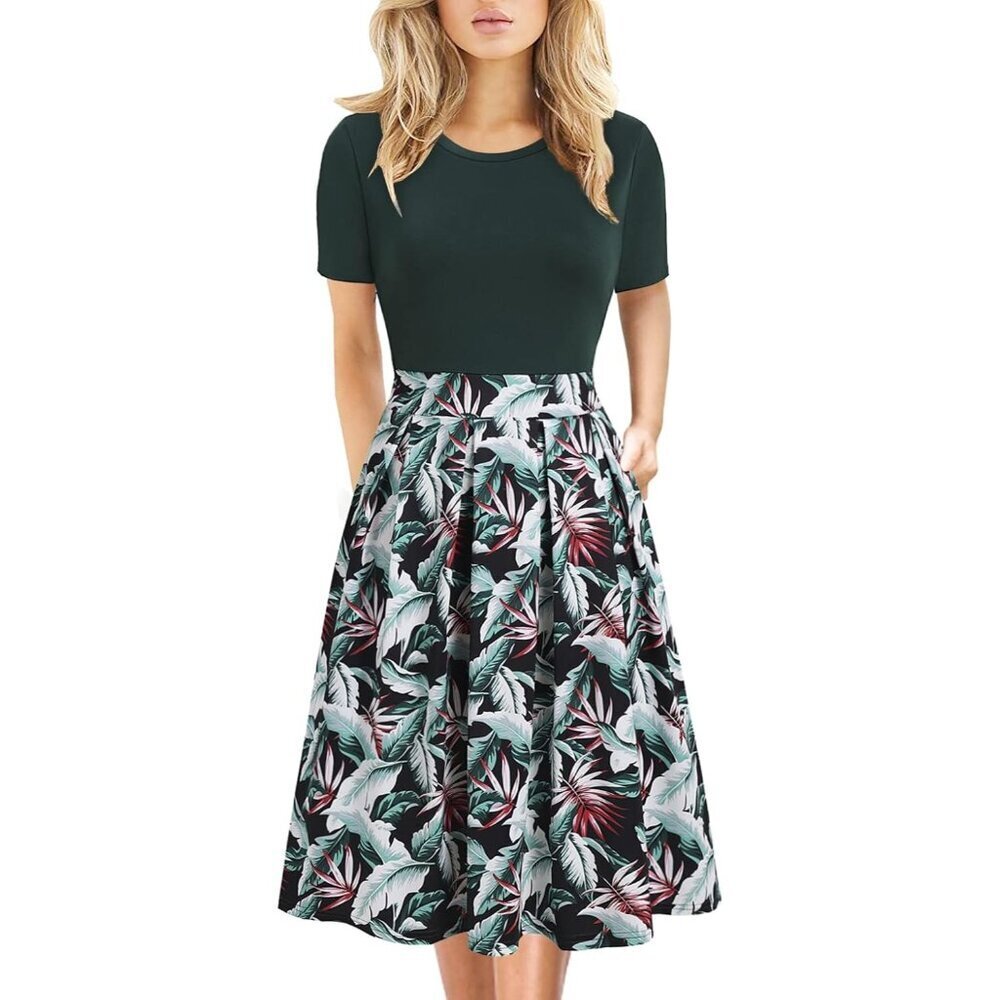Women's Green Floral-Elegant Knee Length Vintage A-Line Swing Dress with Pockets